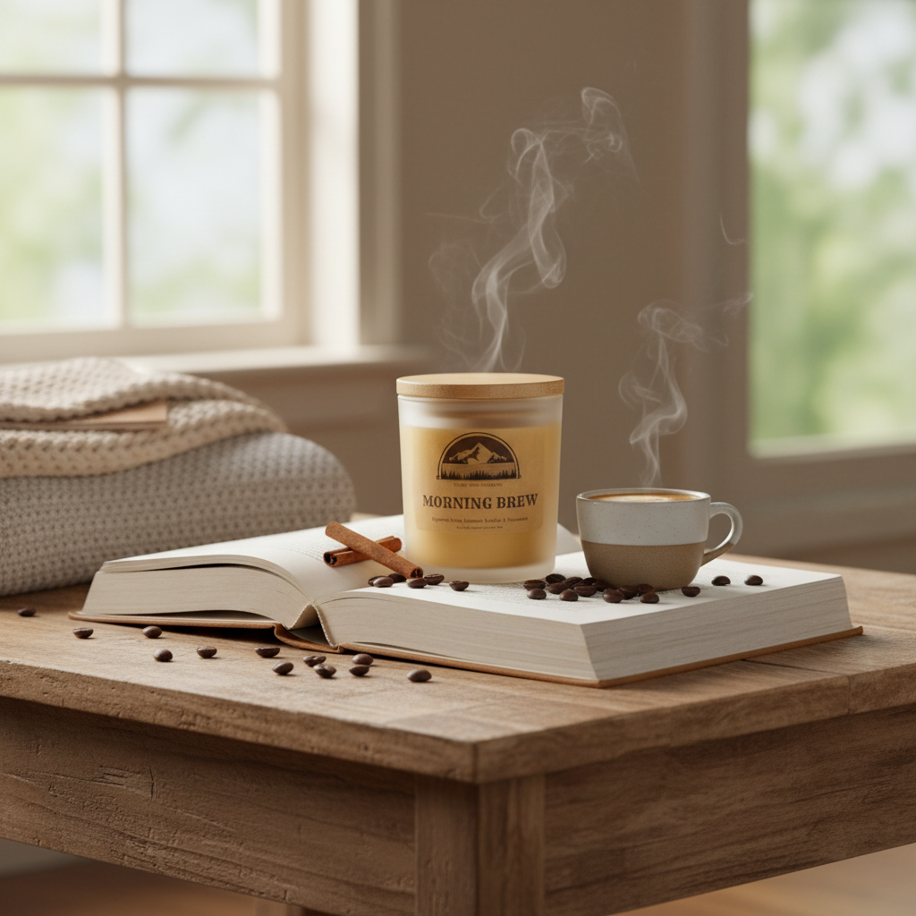 8oz Candle with label that says "Morning Brew"