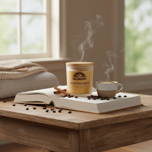 8oz Candle with label that says "Morning Brew"